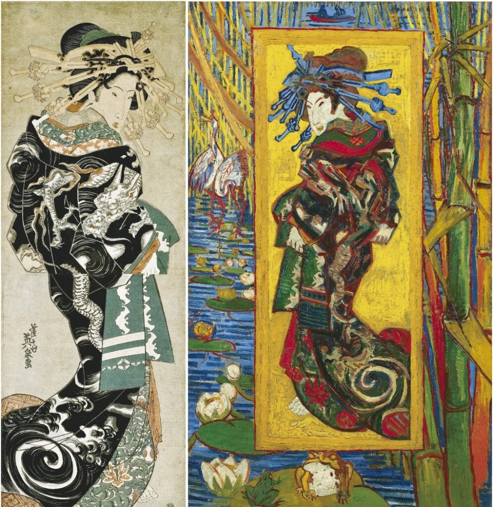 『花魁（渓斎英泉による）』の原画は、渓斎英泉（1791–1848）による『雲龍打掛の花魁』ですが、ゴッホの絵に描かれた花魁の姿は左右が反転しています。 これは、ゴッホが描きたい浮世絵を必ずしも現物を見ながら描けなかった事情を示しているのかも知れません。彼は、日本を特集した雑誌に掲載されていた浮世絵の図版を見て、この『花魁（渓斎英泉による）』を描きました。その雑誌では図版が左右反転した状態で印刷されていたため、ゴッホの絵も結果として左右が反転してしまったのです。