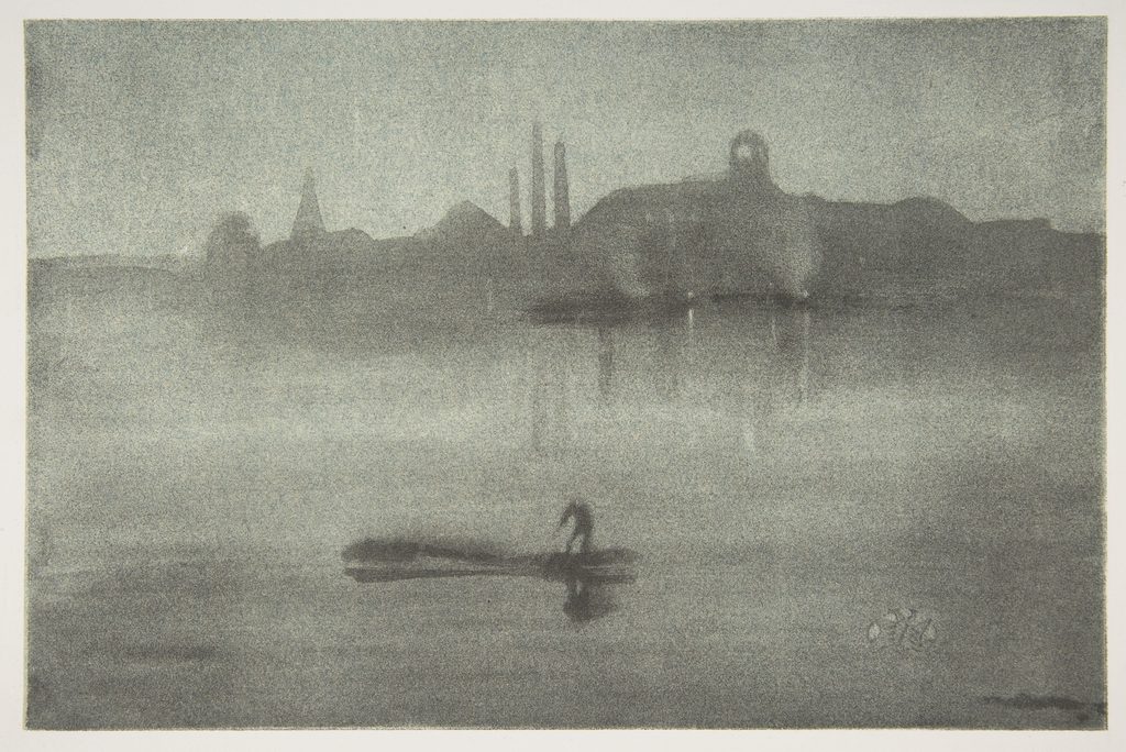 Nocturne (Nocturne: The Thames at Battersea), James McNeill Whistler American, 1878 Lithotint with scraping on a prepared half-tint ground, printed in soft gray-black ink on pale blue laid chine mounted on ivory wove plate paper; second state of two (Chicago) Image: 6 3/4 × 10 3/16 in. (17.1 × 25.9 cm) Sheet: 13 1/2 × 19 5/16 in. (34.3 × 49 cm)