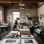 日差しが差し込むアトリエで、エプロンを着た2人が版画の制作に取り組んでいる。壁には額装された作品が飾られ、大きな印刷機が置かれている。.