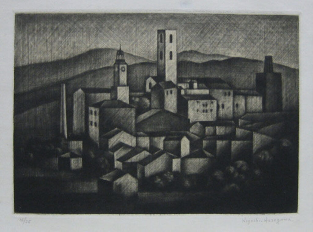 長谷川潔 《プロヴァンスの古市》 1925　 銅版 20x28cm